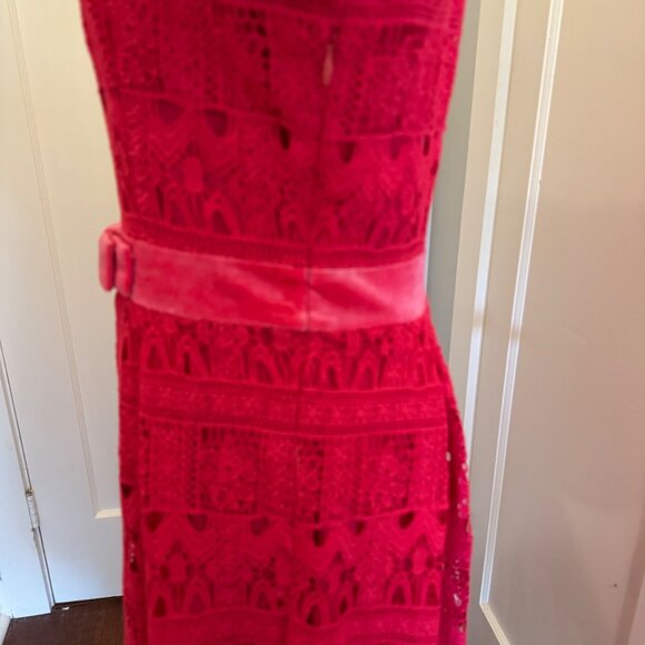 Lace Midi Dress With Velvet Bow Belt By Dainty Jewells - Womens M - Bright Pink - Picture 14 of 16